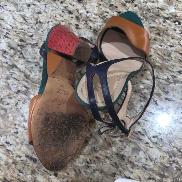 Fendi Olive Faille Color Block Ankle Strap Sandals - Picture 12 of 13